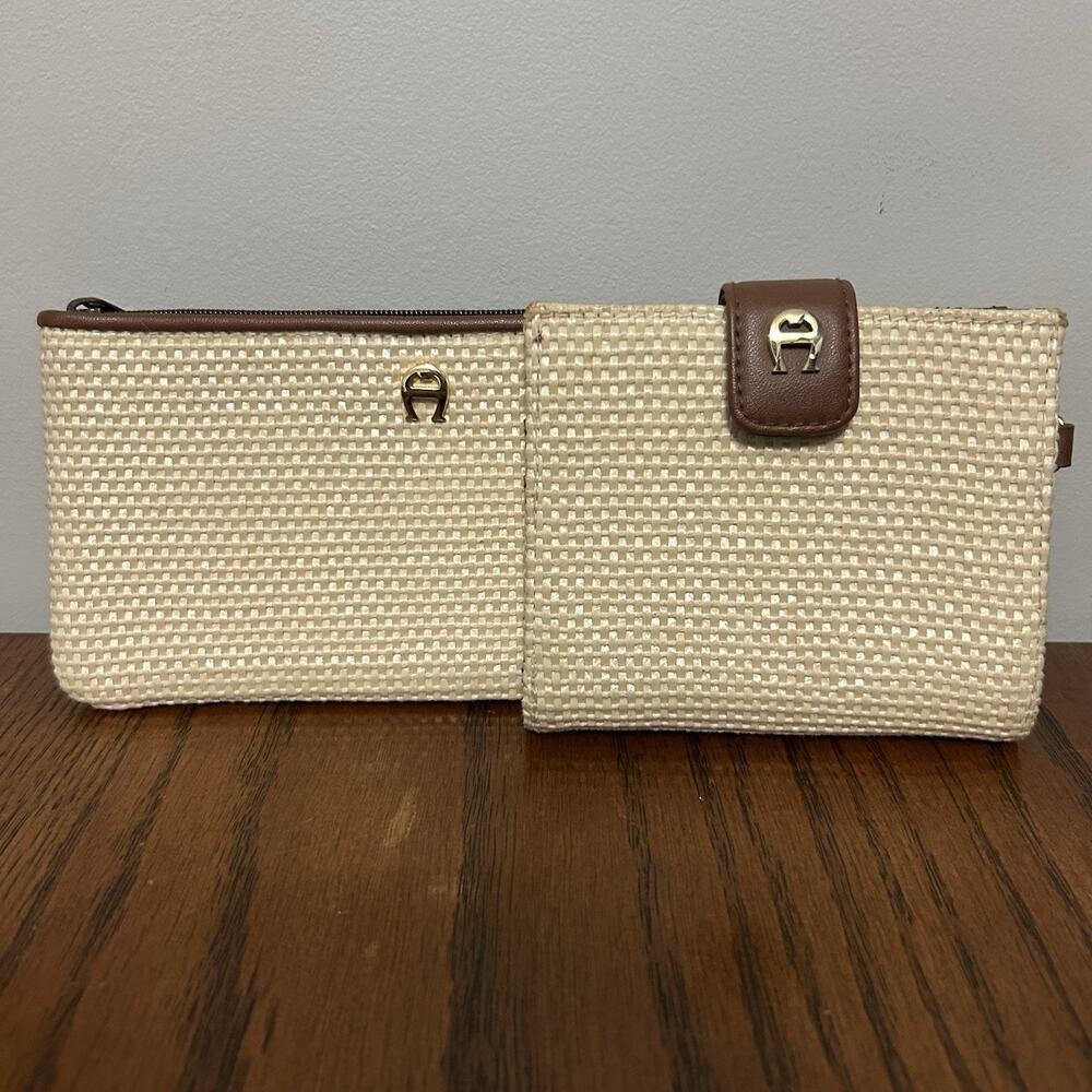 Vintage Etienne Aigner Woven Straw Brown Leather Bi-fold Wallet & Pouch - Set